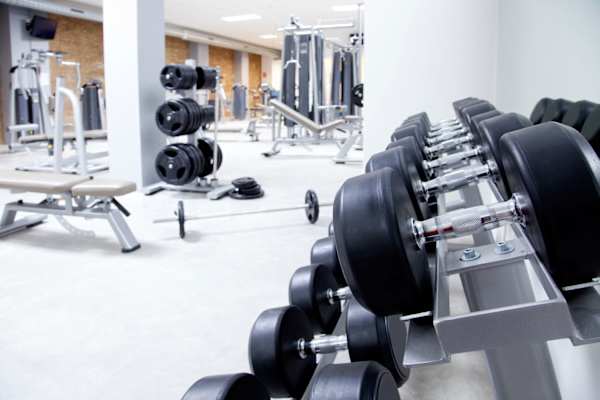 A gym with a row of dumbbells in the foreground.